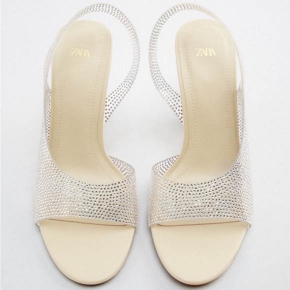 Zara Off White Rhinestone Heeled Vinyl Sandals - Picture 9 of 10